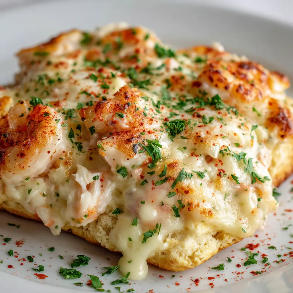 Shrimp and Crab Biscuit Melts 1 Shrimp and Crab Biscuit Melts bubbling under the broiler, with browned edges dripping down the flaky biscuit sides.