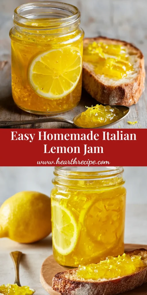 Brilliant Homemade Lemon Jam: Glossy, Sweet & Perfectly Tart 4 A clear glass canning jar filled with bright, translucent yellow homemade lemon jam, sitting next to a thick slice of rustic toasted artisan bread generously spread with the jam.