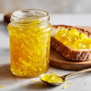 Close up of a silver spoon resting on a wooden table with a small dollop of vibrant, glossy yellow homemade lemon jam.