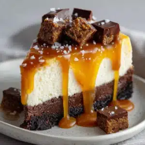 Close-up side view of a Caramel Brownie Cheesecake slice showing the stark contrast between the dense dark brown crust and thick white creamy middle layer.