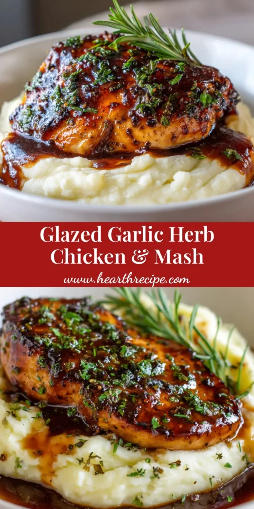 Glazed Garlic Herb Chicken with Creamy Mashed Potatoes 3 A shallow white bowl filled with creamy mashed potatoes and a Glazed Garlic Herb Chicken breast covered in a sticky dark brown pan sauce.