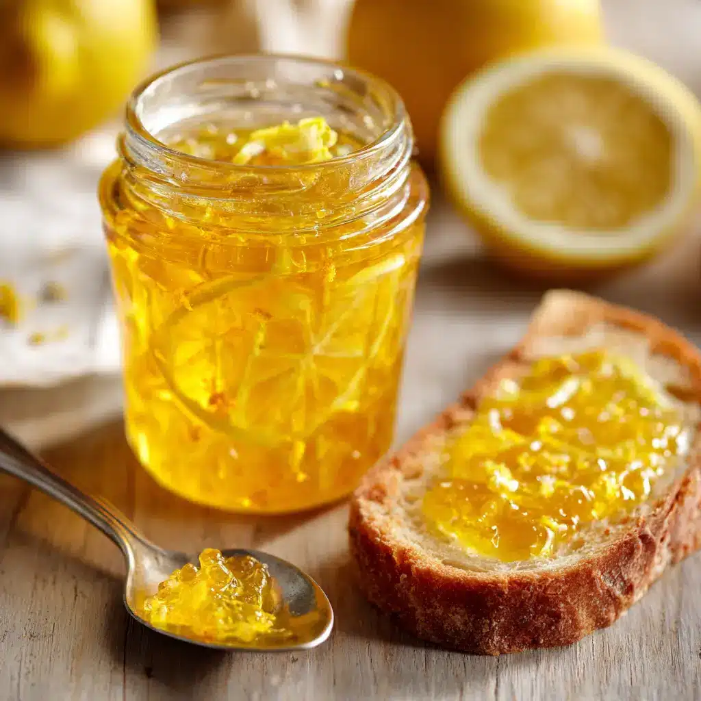 Brilliant Homemade Lemon Jam: Glossy, Sweet & Perfectly Tart 1 Clear glass canning jar showing visible thin slices of cooked lemon and fine lemon zest in a brilliant yellow jelly.