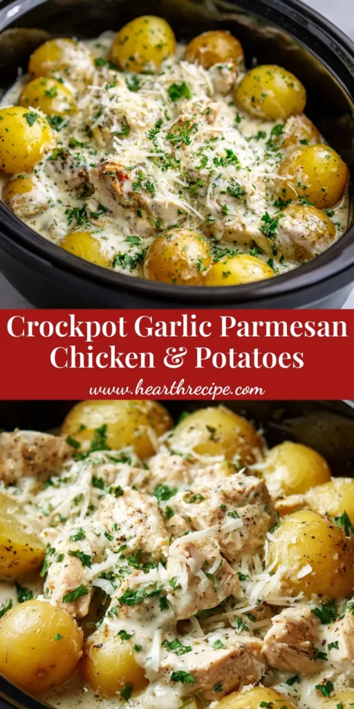 A close-up handheld smartphone photo of creamy garlic parmesan chicken and potatoes in a black ceramic slow cooker pot.