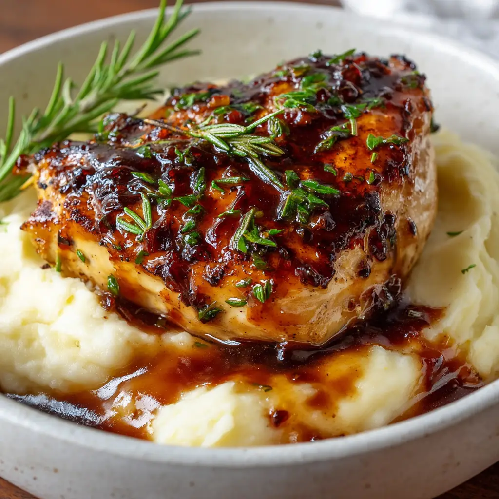 Glazed Garlic Herb Chicken with Creamy Mashed Potatoes 2 Close up of sticky, dark brown pan sauce glaze speckled with finely chopped fresh parsley and rosemary.