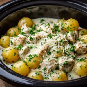 Halved tender baby yellow potatoes covered in a thick, rich, glossy white cream sauce with chunks of slow-cooked chicken breast.