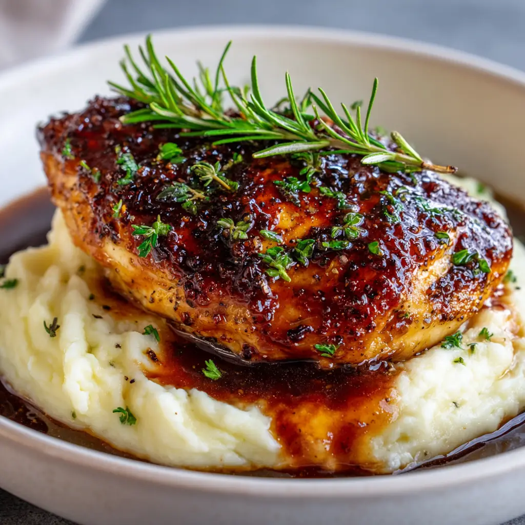 Glazed Garlic Herb Chicken with Creamy Mashed Potatoes 1 A beautifully seared chicken breast heavily basted in a glossy pan sauce next to rich, creamy mashed potatoes.