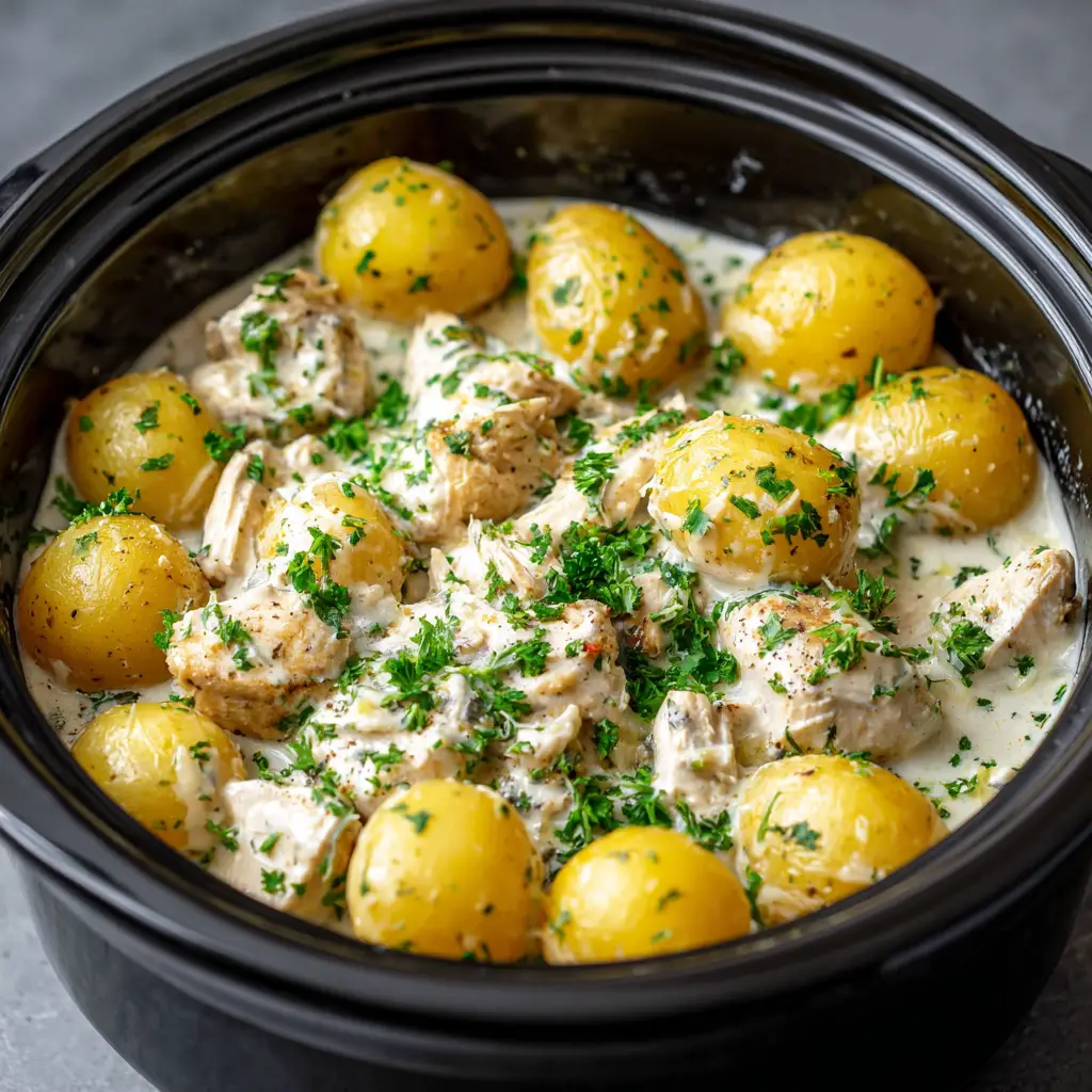 Thick white garlic parmesan cream sauce generously coating chicken and potatoes, garnished with melting grated parmesan and freshly chopped parsley.