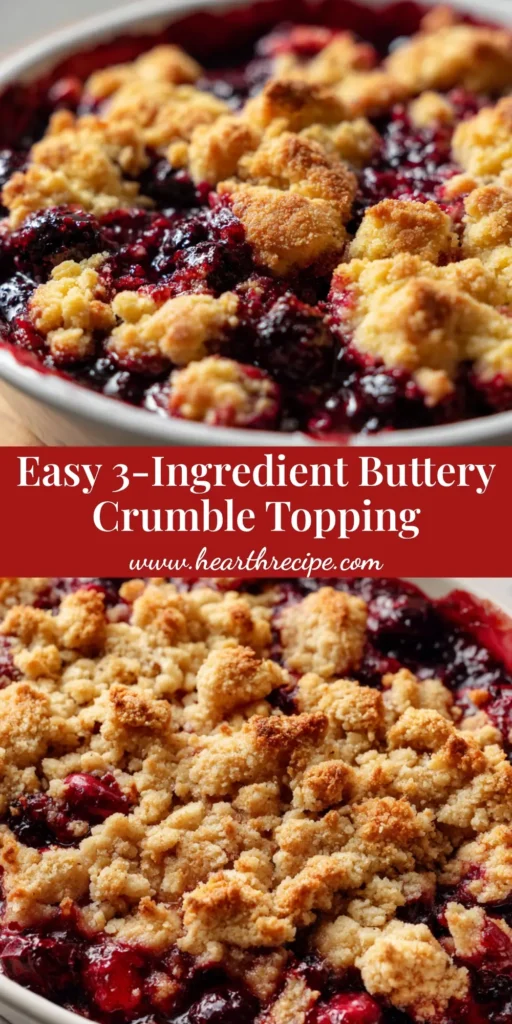 A close-up of a bubbling deep red mixed berry filling topped with golden-brown baked crumble clusters in a rustic white ceramic dish.