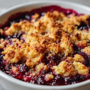 Irregular chunky pieces of 3-ingredient crumble topping with a melted butter sheen.