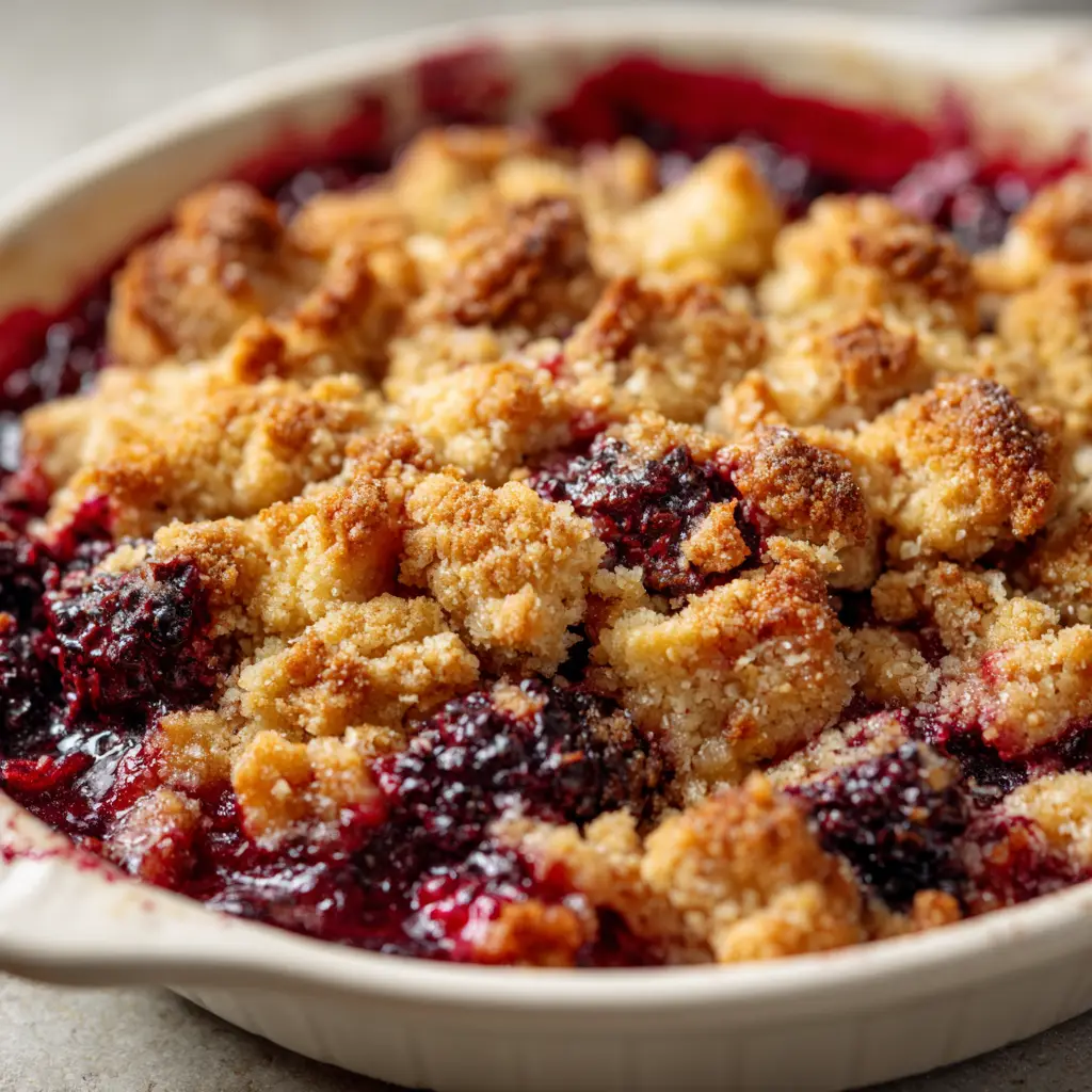 Dark reddish-purple berry juices visibly bubbling up through the crevices of a golden streusel topping.