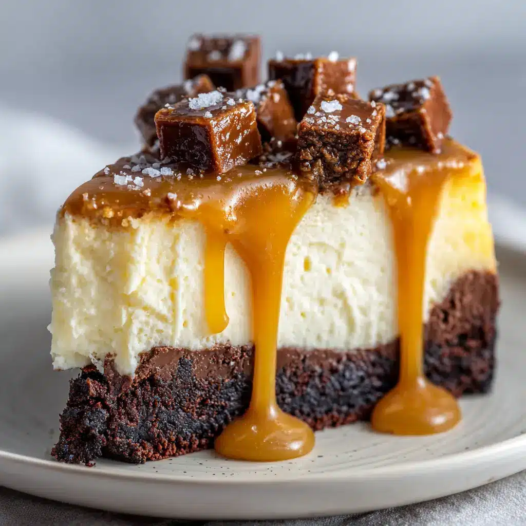 A close-up of a slice of caramel brownie cheesecake garnished with small square baked brownie chunks and coarse white sea salt flakes.