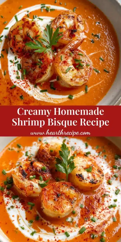 The Ultimate Creamy Shrimp Bisque Recipe 4 A shallow white ceramic bowl filled with vibrant orange-pink shrimp bisque, topped with heavy cream swirl, three seared curled shrimp, chopped chives, parsley, and a dusting of paprika.