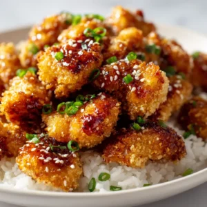 Bite-sized baked crunchy honey chicken chunks glistening with a sticky amber-colored sweet honey glaze on a clean white ceramic plate.