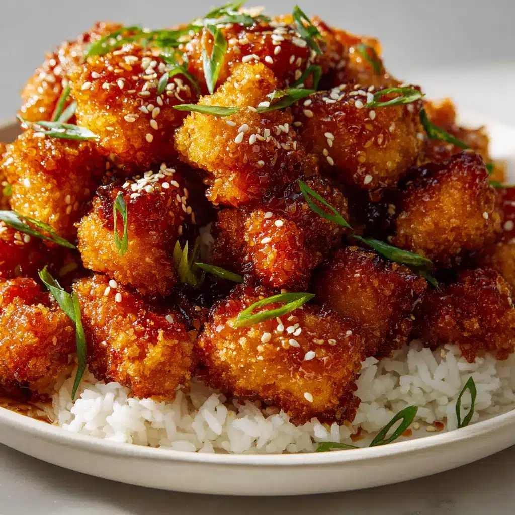 Baked Crunchy Honey Chicken 1 Baked crunchy honey chicken garnished with toasted white sesame seeds and chopped fresh bright green scallions over fluffy jasmine rice.