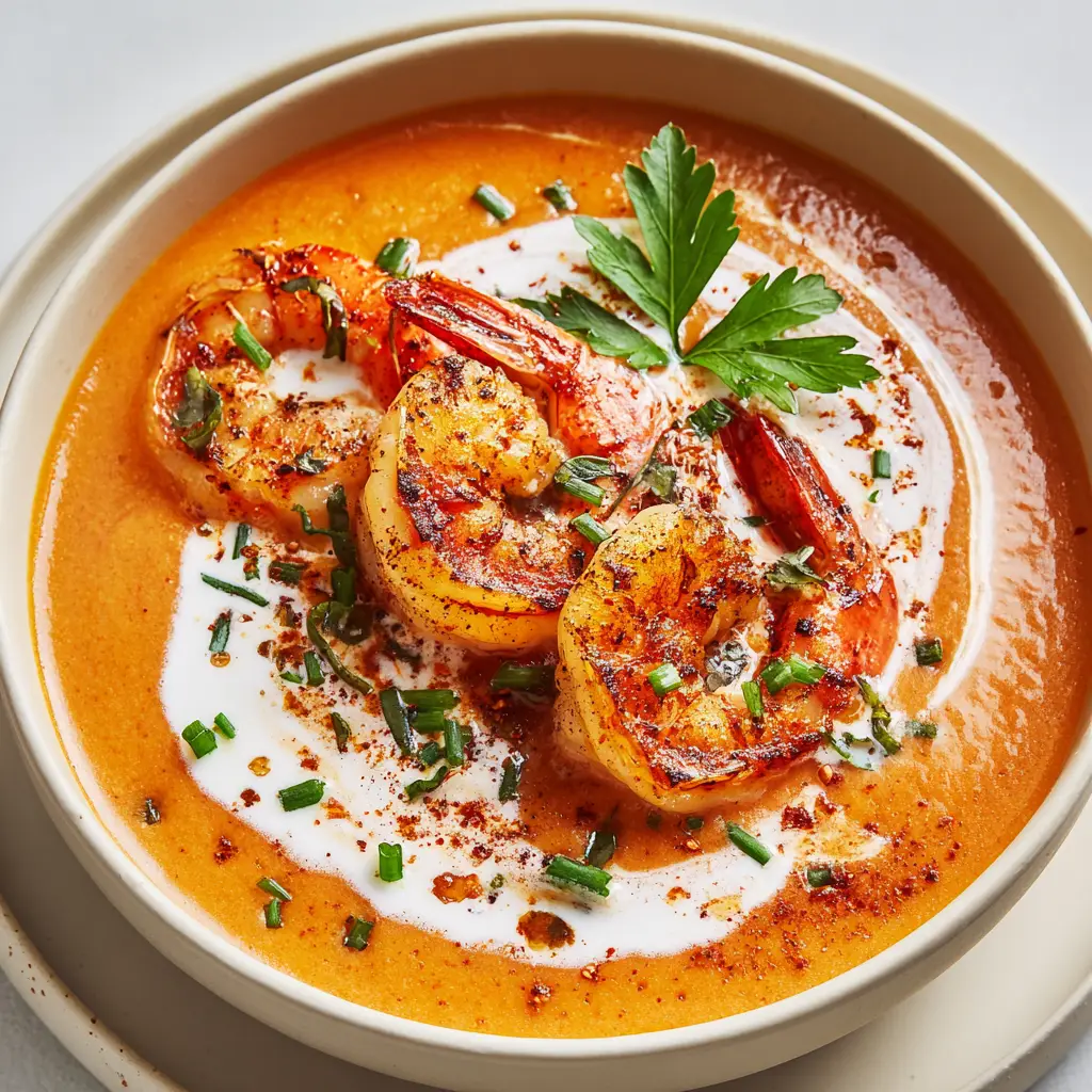 The Ultimate Creamy Shrimp Bisque Recipe 1 Close up of the smooth, thick orange-pink soup base simmering in a pot before blending.