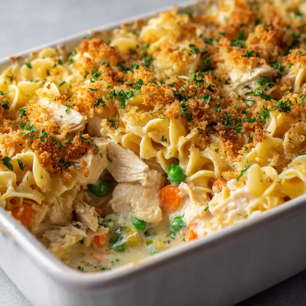 Easy Chicken Noodle Casserole 2 A close-up shot of a baked easy chicken noodle casserole in a white ceramic baking dish showing wide egg noodles and creamy sauce.