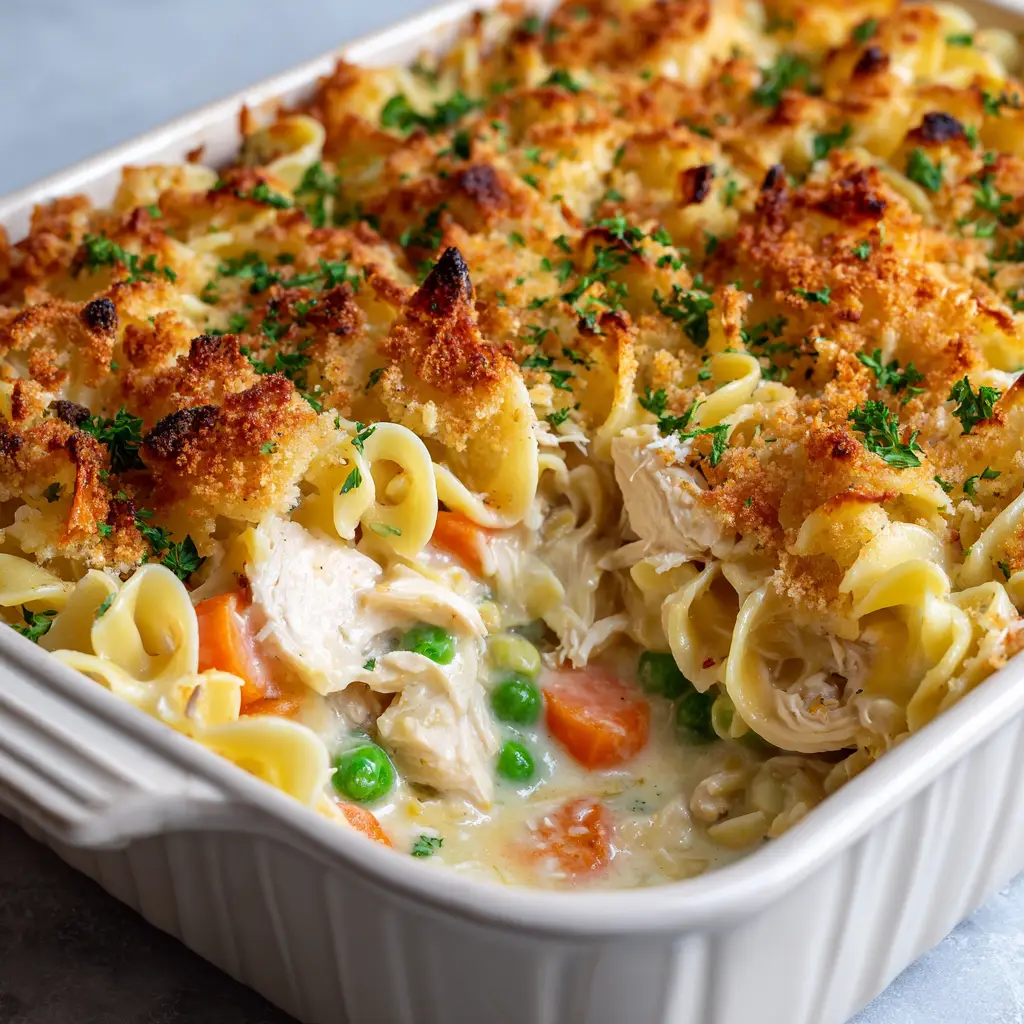 Easy Chicken Noodle Casserole 1 Crispy golden-brown toasted buttery breadcrumbs and finely chopped fresh green parsley topping an easy chicken noodle casserole.