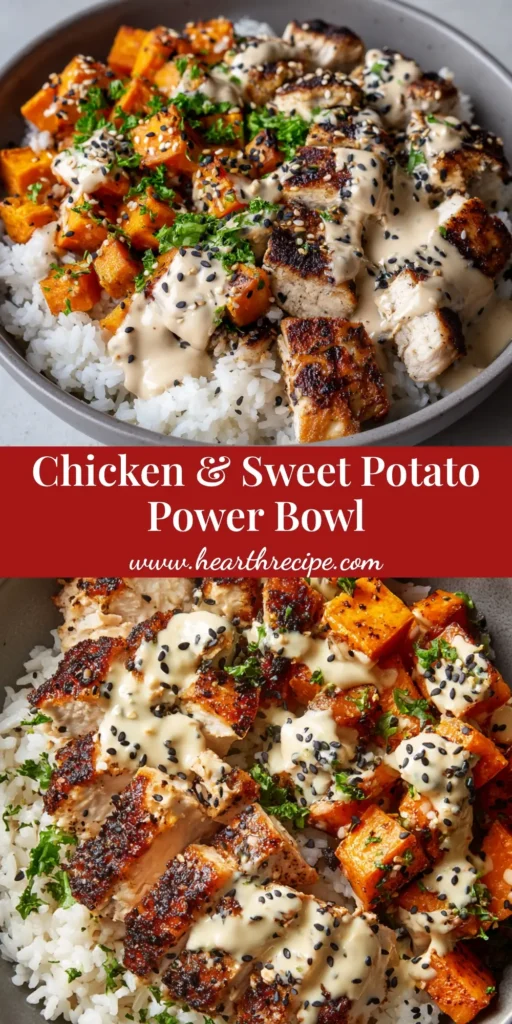 The Ultimate Chicken Sweet Potato Bowl 3 A meticulously assembled Chicken Sweet Potato Bowl featuring fluffy rice, seared chicken, roasted sweet potatoes, and tahini drizzle.