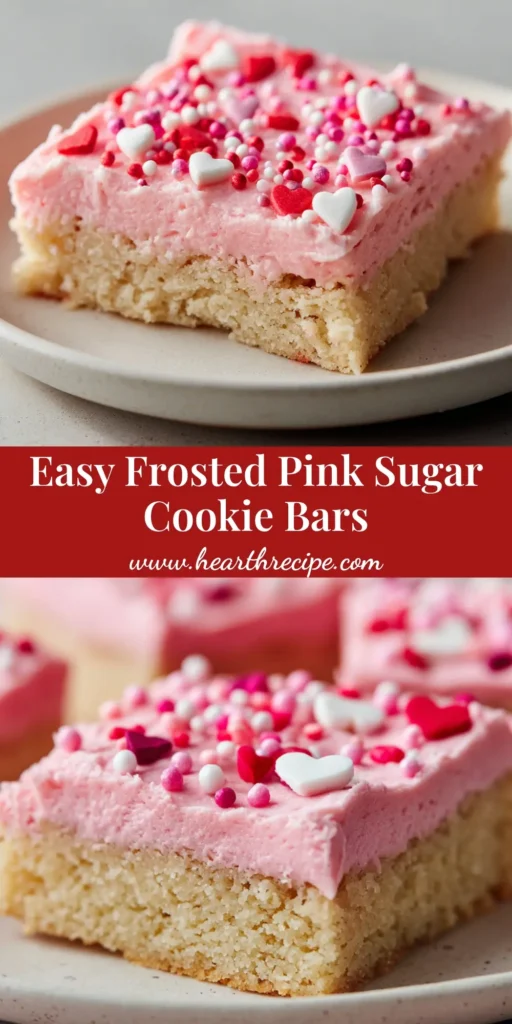 A close-up shot of thick Pink Sugar Cookie Bars with pastel pink buttercream and red, white, and dark pink heart sprinkles.