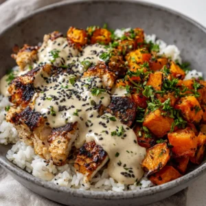 Fresh ingredients for a Chicken Sweet Potato Bowl, showcasing raw chicken chunks, sweet potatoes, and green parsley.