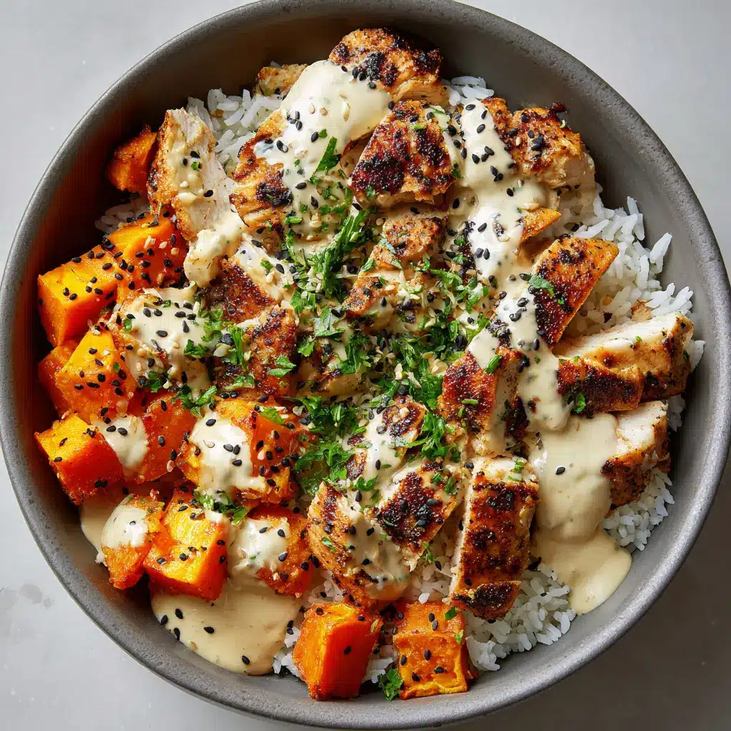The Ultimate Chicken Sweet Potato Bowl 1 Close up of highly caramelized sweet potatoes and seared chicken chunks in a rustic ceramic bowl.