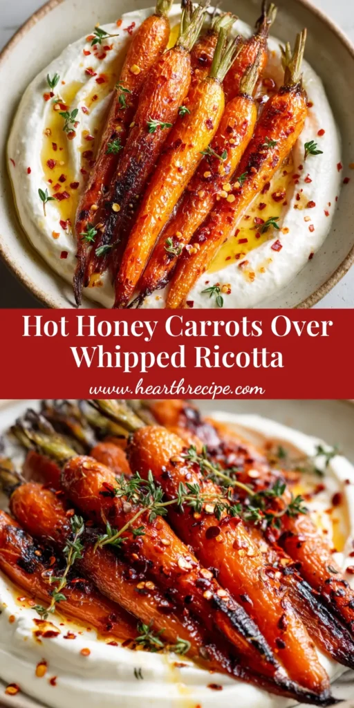 A close-up view of Hot Honey Roasted Carrots served over whipped ricotta, garnished with thyme and red chili flakes.