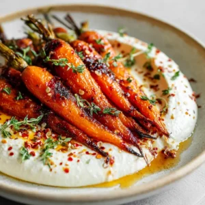 Fresh whole carrots prepared for roasting with hot honey drizzle and fresh thyme.