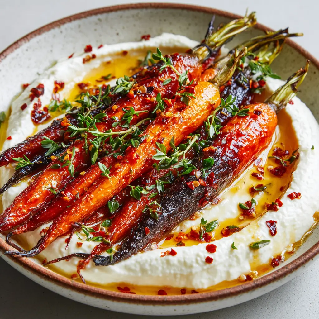 Caramelized hot honey roasted carrots with beautifully charred edges resting on a rustic baking sheet.
