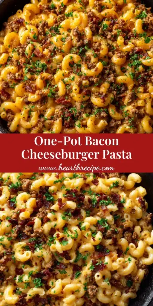 A dark cast iron skillet filled with Bacon Cheeseburger Pasta topped with crispy bacon bits and fresh parsley.