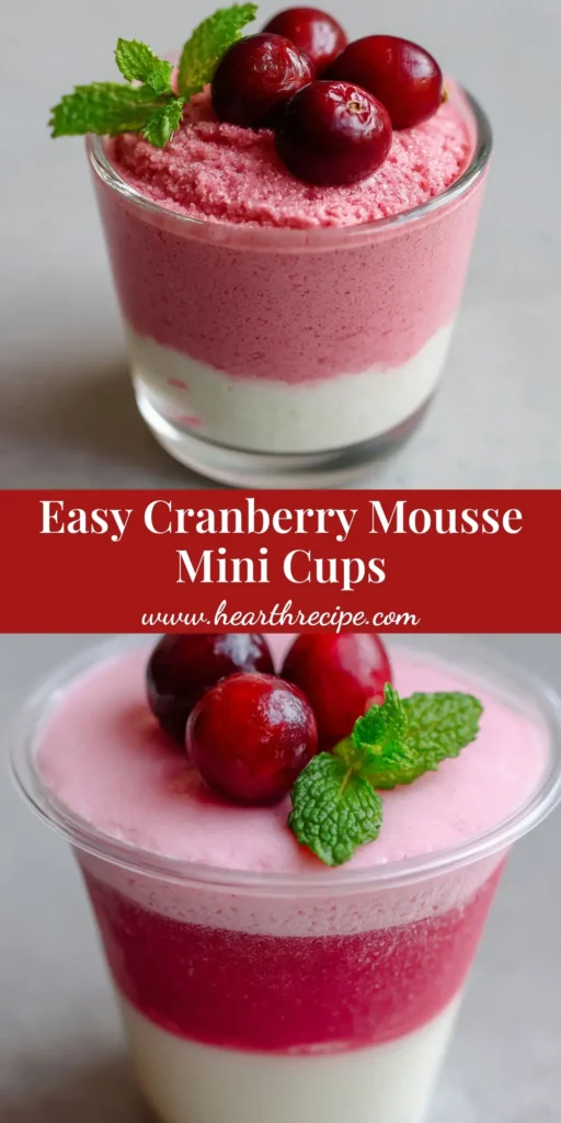 Elegant Cranberry Mousse Cups: A Beautiful Layered Dessert 3 A visually stunning mini dessert cup featuring a dense pure white vanilla mousse layered under a fluffy light pink cranberry mousse, garnished with raw cranberries and fresh mint.