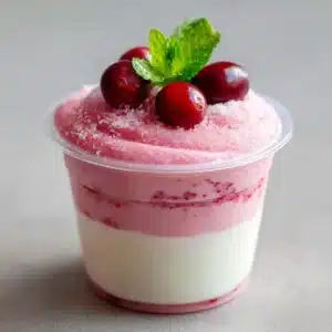 Raw red cranberries and fresh green mint sprig resting beside a clear mini dessert cup filled with beautifully layered pink and white mousse.