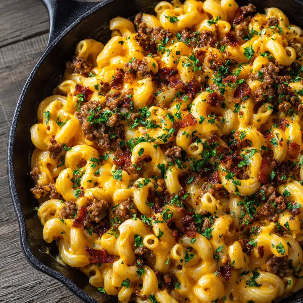 Overhead view of creamy orange-yellow cheddar cheese sauce perfectly coating every macaroni noodle.