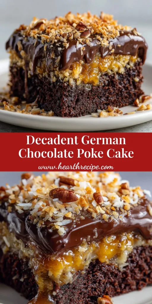 A decadent square slice of German Chocolate Poke Cake on a white plate, showing golden caramel pools and a glossy dark chocolate ganache top.