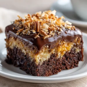 A close-up view of the rich, crumbly texture of German chocolate poke cake filled with sweetened condensed milk and caramel.