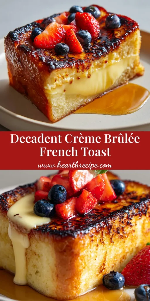 The Ultimate Crème Brûlée French Toast 3 A decadent slice of Crème Brûlée French Toast topped with vanilla custard, a hard caramelized sugar crust, and fresh berries on a white plate.