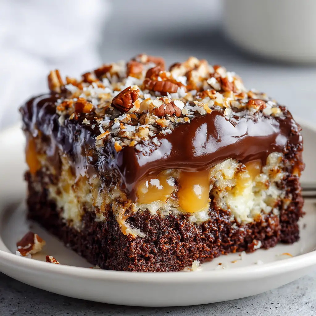 Overhead shot of German Chocolate Poke Cake heavily sprinkled with golden toasted shredded coconut flakes and chopped roasted pecans.