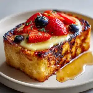 Close-up of golden-brown pan-fried brioche bread covered in a pale yellow vanilla custard layer and a torched amber sugar crust.