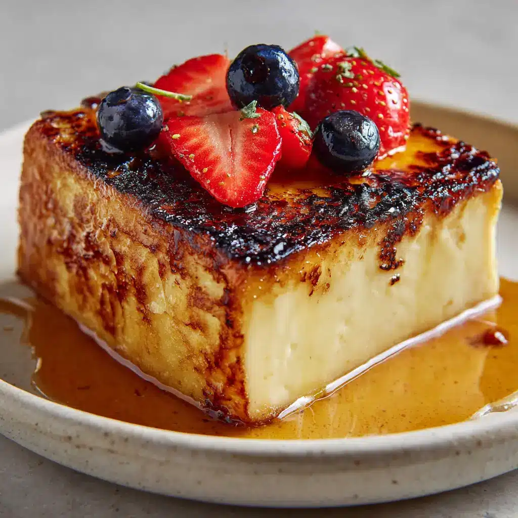 The Ultimate Crème Brûlée French Toast 1 Crème Brûlée French toast garnished with fresh red strawberry halves, plump blueberries, and a drizzle of warm amber maple syrup.