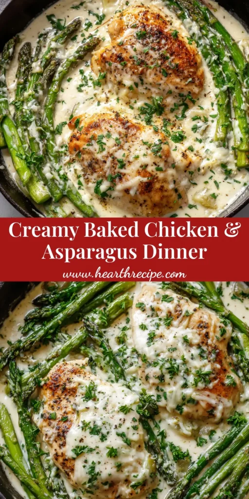 Creamy Baked Chicken and Asparagus 4 A rustic cast-iron skillet featuring plump golden-brown seared chicken breasts and bright green blistered asparagus, fully smothered in a thick velvety white cream sauce with melted mozzarella and fresh parsley.