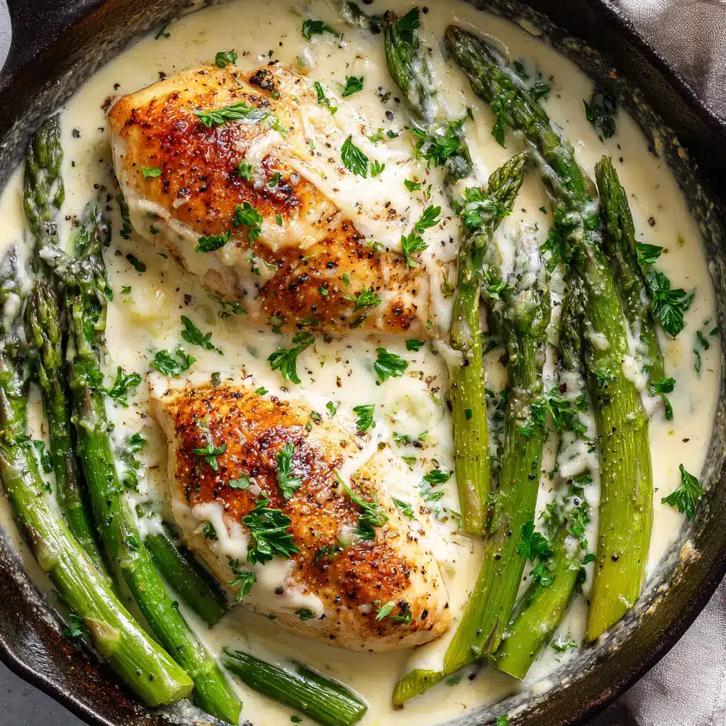 Creamy Baked Chicken and Asparagus 1 Thick velvety white cream sauce simmering around chicken and asparagus in a skillet, topped with melted mozzarella and black pepper.