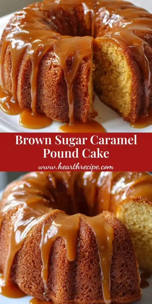Best Brown Sugar Caramel Pound Cake Recipe 3 A golden brown baked bundt pound cake drenched in a thick, glossy, opaque amber-colored brown sugar caramel glaze cascading down the fluted sides.