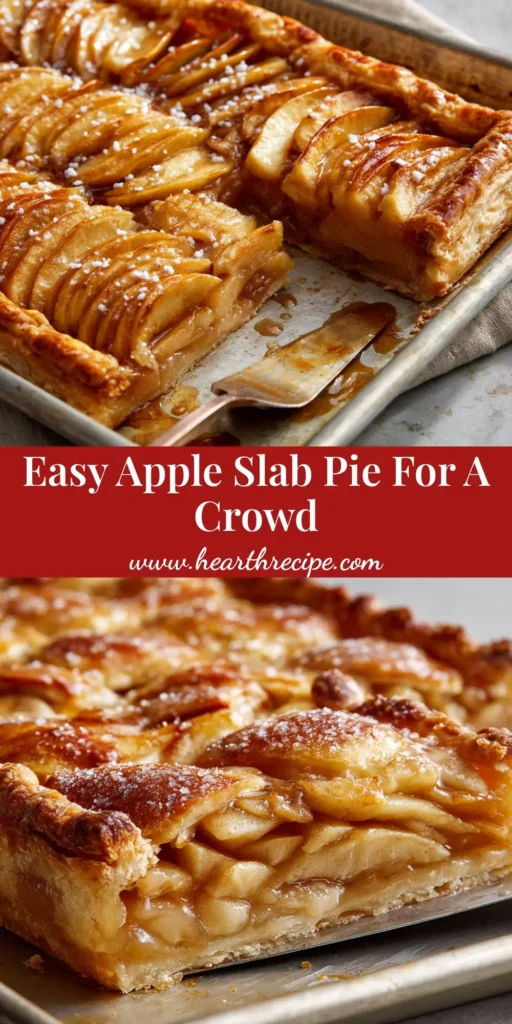 A massive, golden-brown Apple Slab Pie baked in a metal sheet pan with a square slice lifted out.
