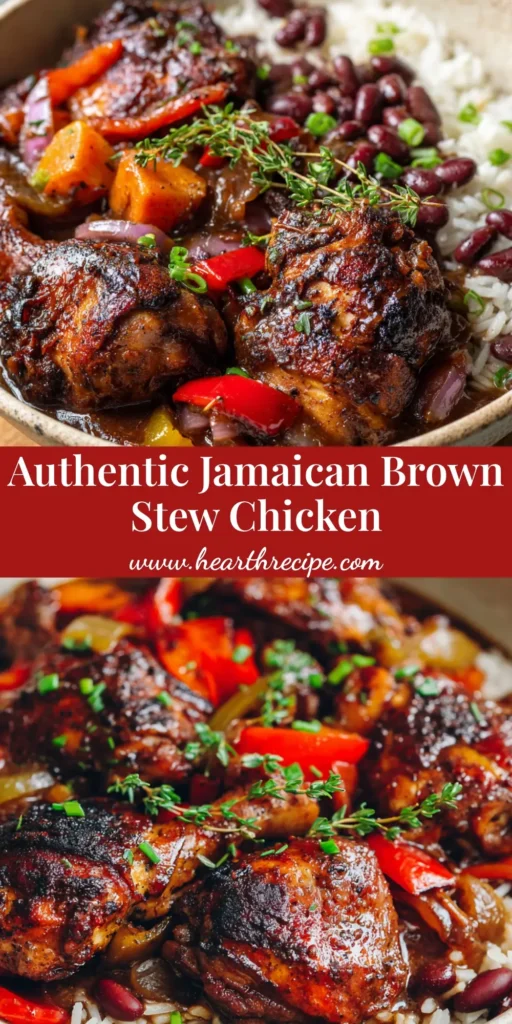 A rustic ceramic bowl filled with Jamaican Brown Stew Chicken over fluffy white rice and kidney beans, topped with scallions.