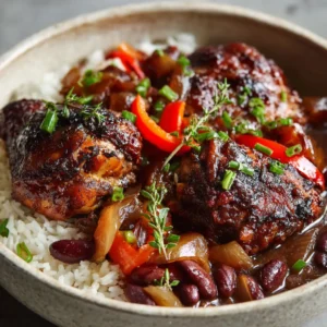 Close up of deeply caramelized Jamaican brown stew chicken thighs and drumsticks coated in a rich, dark gravy with soft cooked carrots.
