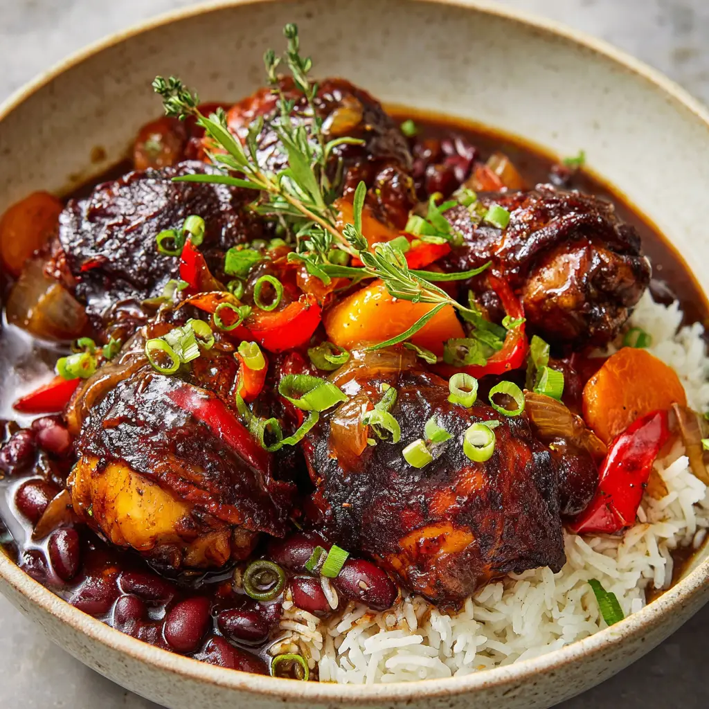 Top down view of Jamaican brown stew chicken showing wilted red and green bell peppers, translucent onions, and a fresh thyme garnish.