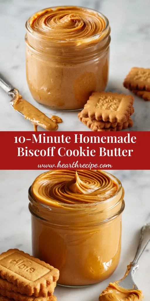 The Ultimate Homemade Biscoff Cookie Butter Recipe 3 A clear glass mason jar filled to the brim with Homemade Biscoff Cookie Butter, featuring a luscious swirl on top next to crispy rectangular spiced cookies.