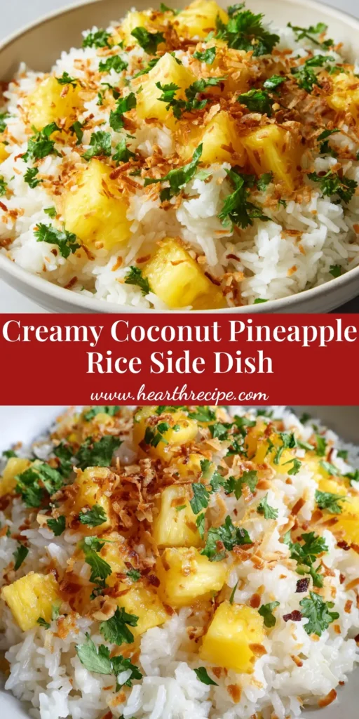 A close up smartphone photo of fluffy Coconut Pineapple Rice in a matte white ceramic bowl, coated in a glossy coconut glaze and topped with caramelized pineapple, green cilantro, and toasted coconut.