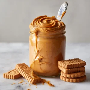 Ingredients for Homemade Biscoff Cookie Butter featuring crispy rectangular spiced shortcrust cookies.