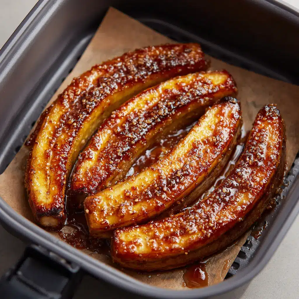 Easy Air Fryer Caramelized Bananas (10 Minutes!) 2 Raw bananas sliced lengthwise and brushed with melted butter and cinnamon sugar before air frying.