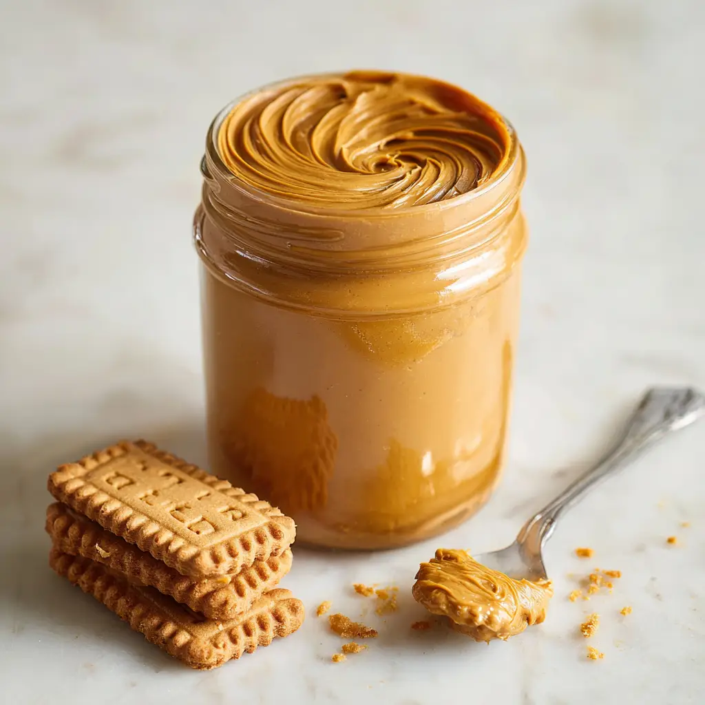 The Ultimate Homemade Biscoff Cookie Butter Recipe 1 A silver butter knife heavily coated in thick golden-brown Homemade Biscoff Cookie Butter resting on a white marble countertop.